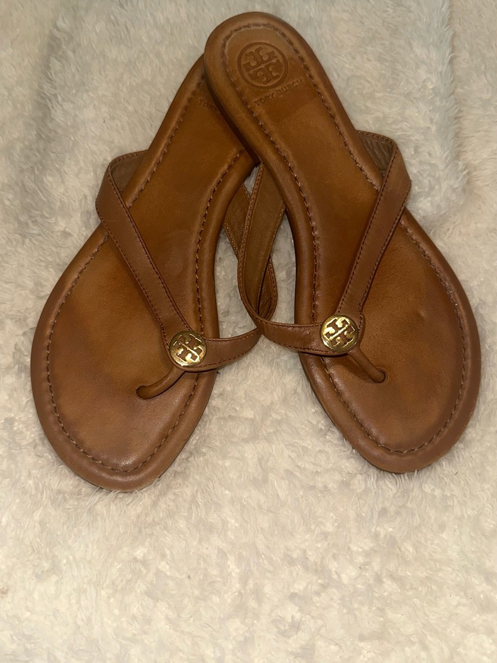 Tory Burch Tan Leather Logo Thong Sandals
